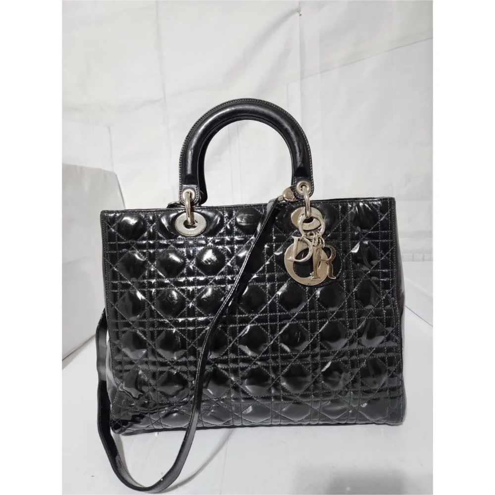 Authentic CHRISTIAN DIOR Patent Cannage Large Lady Dior Satchel Bag Black